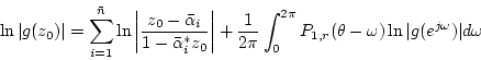 \begin{displaymath}
			\ln \vert g(z_0)\vert=\sum_{i=1}^{\bar{n}}\ln \left \vert \...
			...pi}P_{1,r}(\theta-\omega)\ln \vert g(e^{j\omega})\vert d\omega
			\end{displaymath}